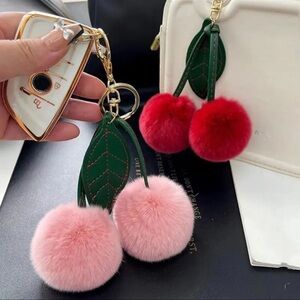 Rabbit Fur Ball Pompom Leaf Keychain Cherry Key Chain Handbag Pendant key